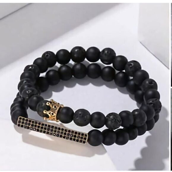 NWOT Beaded Lava Rock Natural Stone Adjustable Bracelet Golden Crown For Men - Picture 5 of 6